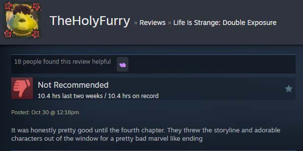 Screenshot showing a Steam review for Life is Strange: Double Exposure.